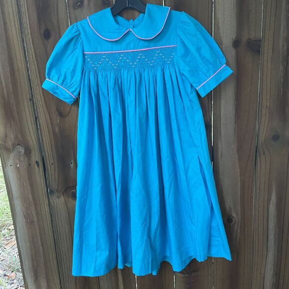 Girls' Handmade SMOCKED Heirloom DRESS Ciel Blue 10-12 Vicky Walker New - Picture 1 of 6